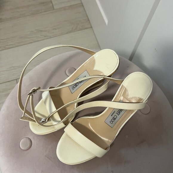 Jimmy Choo Cream Patent Leather Wedge Heel Sandals Size 35 - Picture 4 of 7
